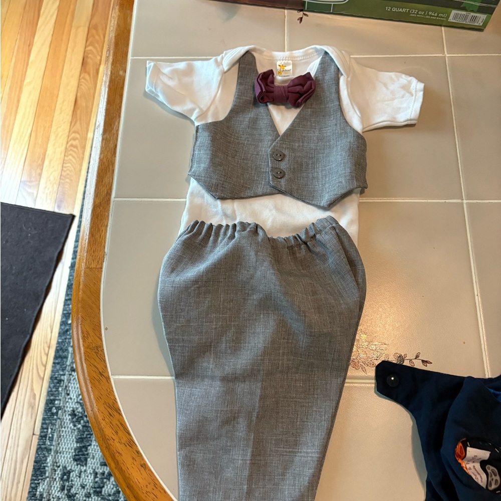 Gray Baby Suit with Button on Bow Tie
